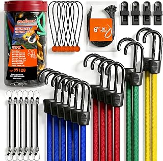 HORUSDY 31-Piece Premium Bungee Cords Assortment Jar, Includes 10”,18”,24”,32”,40” Bungee Cords, 6“ Zip Ties, 8”Canopy/Tarp Ball Ties and Crocodile Mouth Tarp Clips