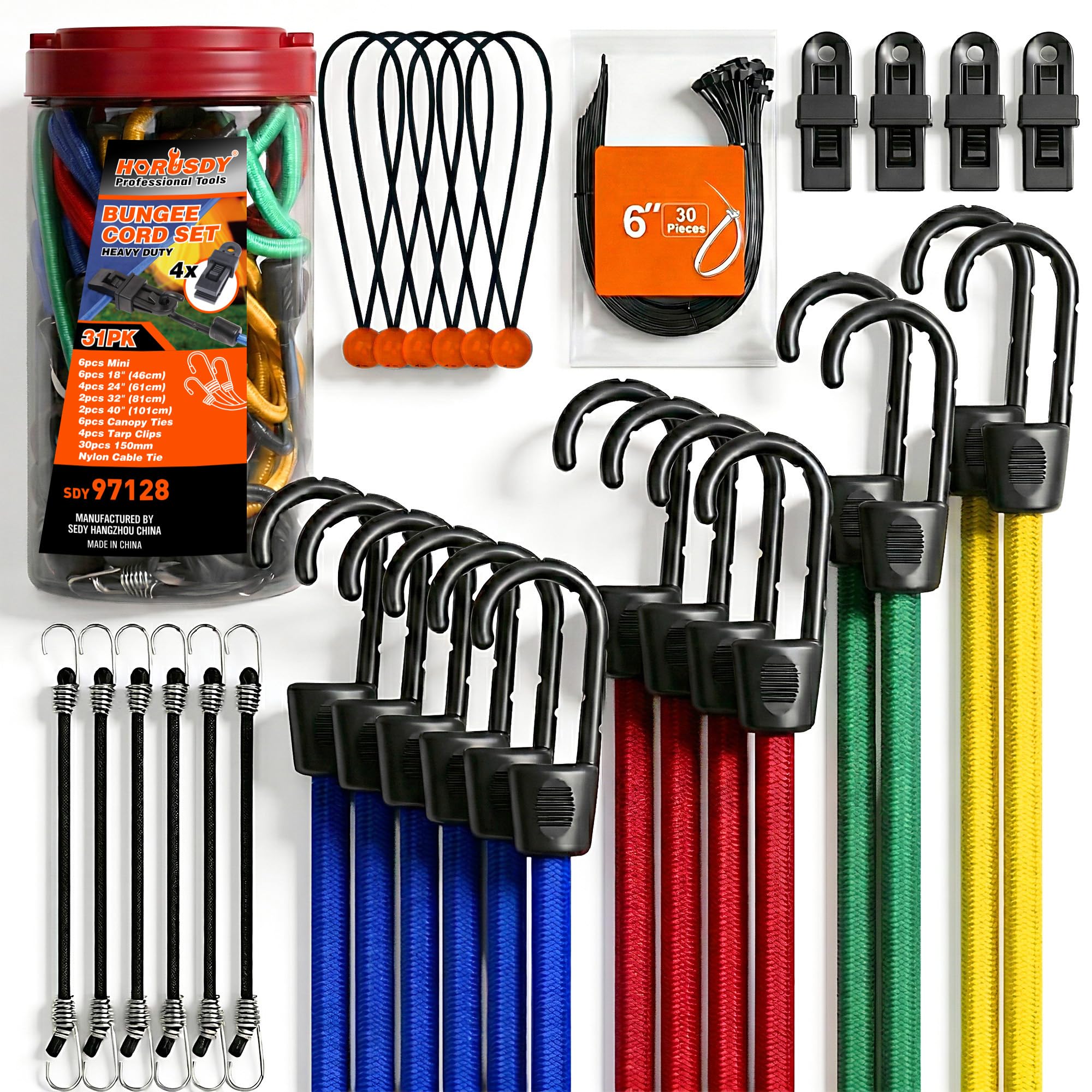 HORUSDY 31-Piece Premium Bungee Cords Assortment Jar, Includes 10”,18”,24”,32”,4