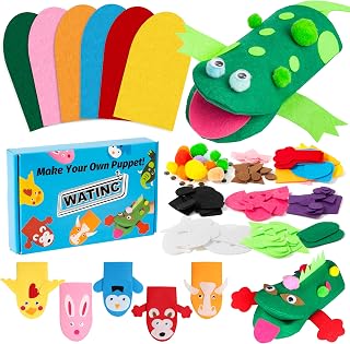 WATINC 6Pcs Animal Hand Puppet Making Kit for Kids Toddlers DIY Art Craft Felt Party Supplies Children Role Play Toys Show Include Colorful Hand Puppets, Pom poms, Googl Eyes, DIY Felt Decors