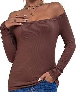 ASAIR Off The Shoulder Tops for Women Long Sleeve Shirts Ribbed Basic Trendy Stretchy Lightweight Tops