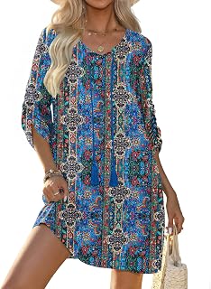 Zeagoo Tunic Dress Summer 3/4 Sleeve Casual Boho Knee Length Dresses for Women T-Shirt Dress S-XXL