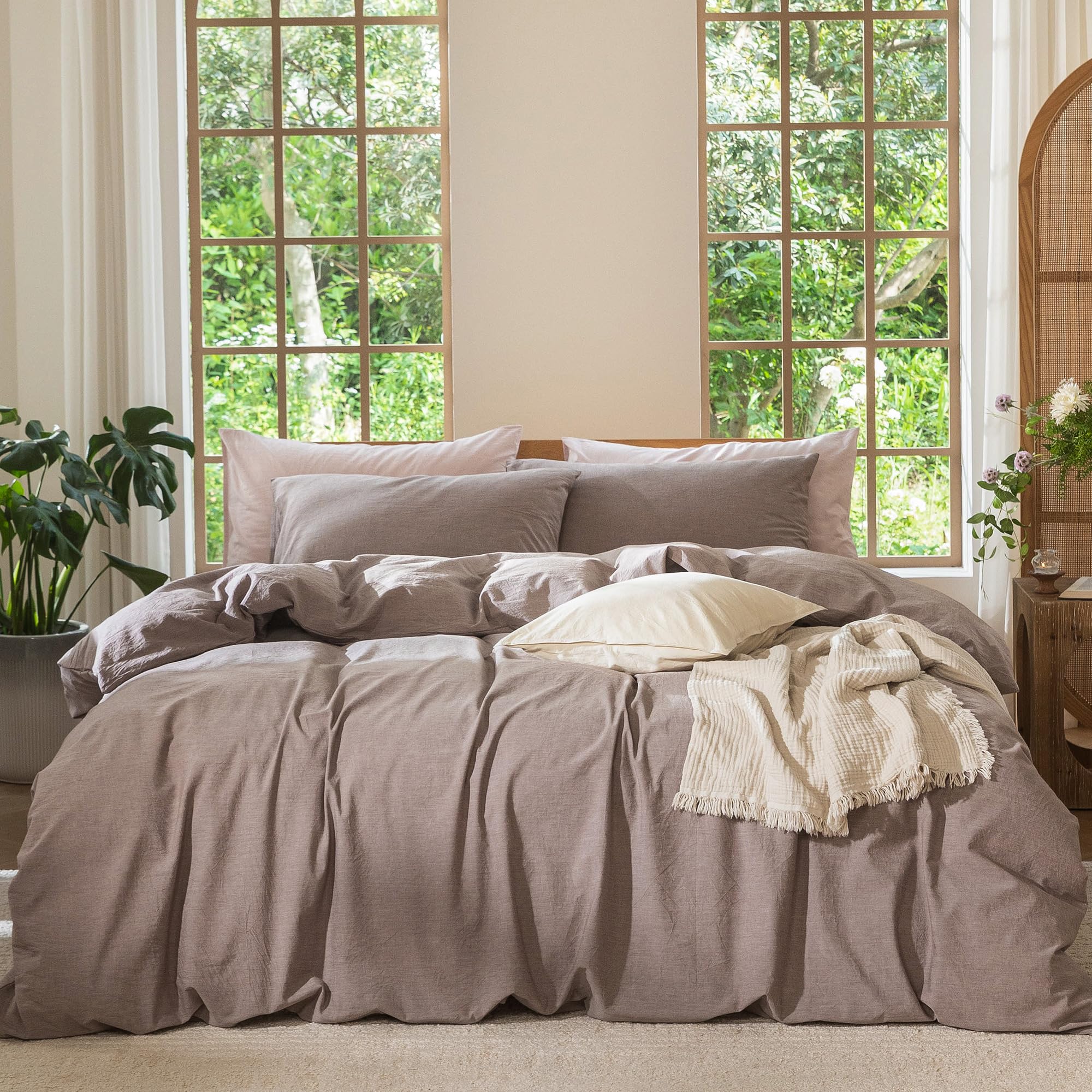 MooMee 100% Washed Cotton Duvet Cover Set with Linen-Like Texture, Breathable, D