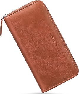 VISOUL Leather Long Zip Clutch Cash Wallets for Men and Women with RFID Blocking Zipper Coin Pocket 12 Card Slots (Orange)