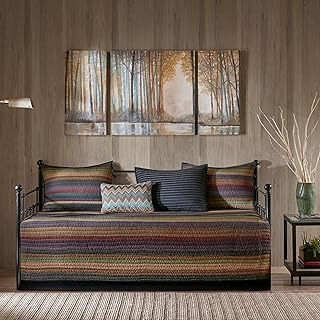 Madison Park Daybed Coverlet Set, Double Sided Quilting Stripes Multi, 6pc | Casual Design, with Bedskirt, Matching Shams, Decorative Pillow, Casual, for Trundle Bed, All Season, Machine Washable