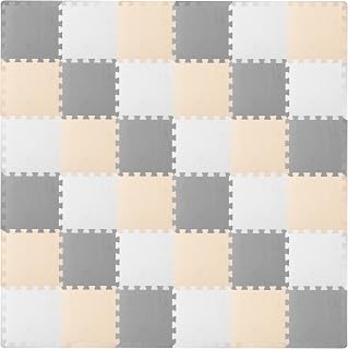 ProSource Play Mat, Soft Foam Floor Tiles for Kids, Interlocking EVA Panels for Playpen Use, Crawling Development Surface, Safe Non-Toxic Flooring, 36 Tiles, White/Gray/Beige