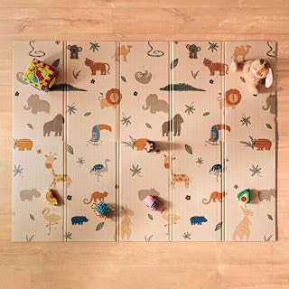 Nuby Foldable Reversible Baby Play Mat, 150 x 200 cm, XXL, 0M+, Safari | Waterproof Floormat, Easy to Clean with 2 Designs, Folds up for Easy Storage, Perfect for Fun Safe Baby & Toddler Play