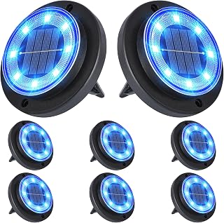 Flacchi Solar Ground Lights, Solar Lights Outdoor, Solar Disk Light, Waterproof Landscape Light for Yard, Pathway, Driveway (Blue, 8 Pack)