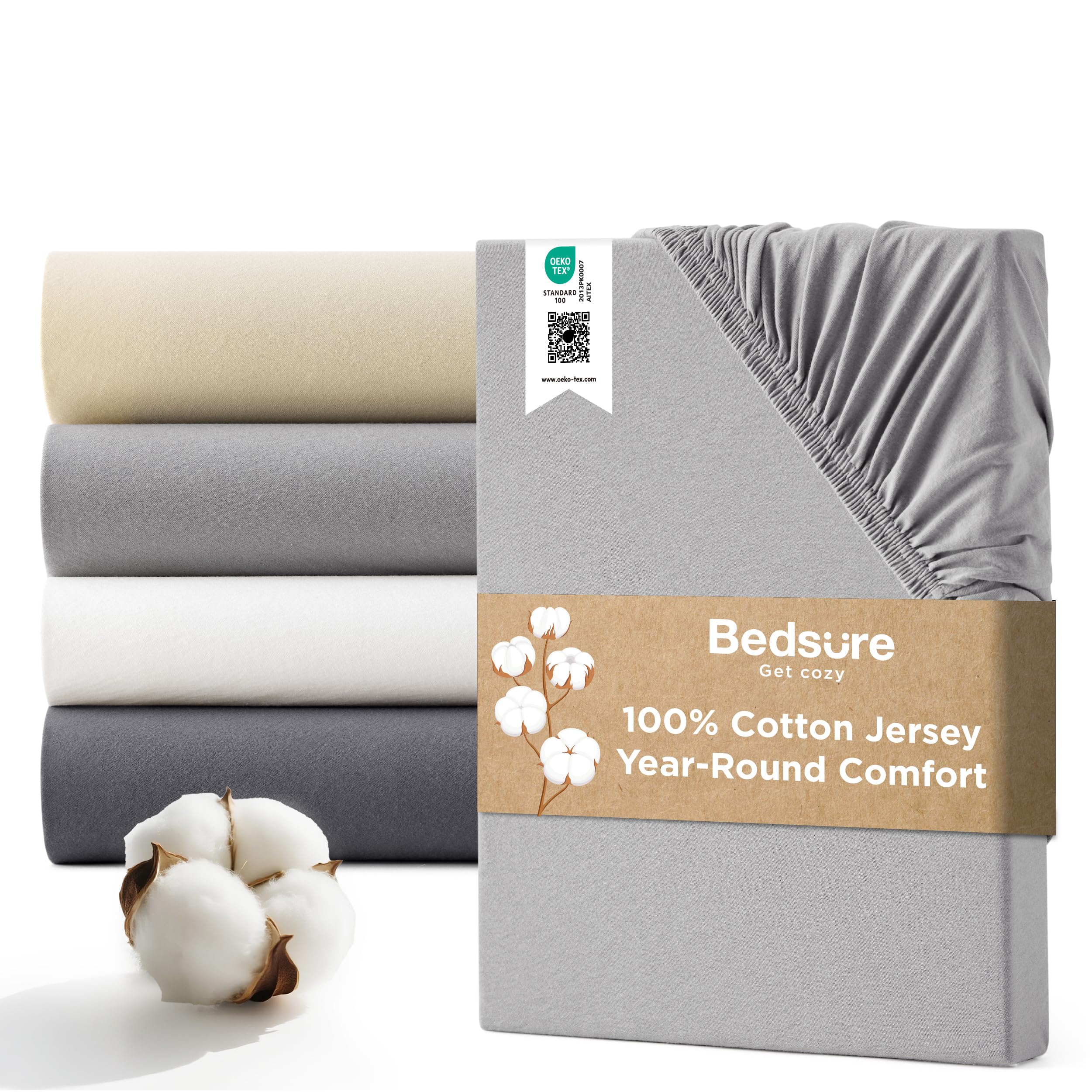 Bedsure King Size Fitted Sheet - 100% Cotton Jersey, 40cm Deep, Grey