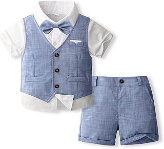 Volunboy Outfits for Baby Boys Wedding Ceremony, Summer Set of Vest, Shirt, Bow Tie, Shorts 4 Pieces