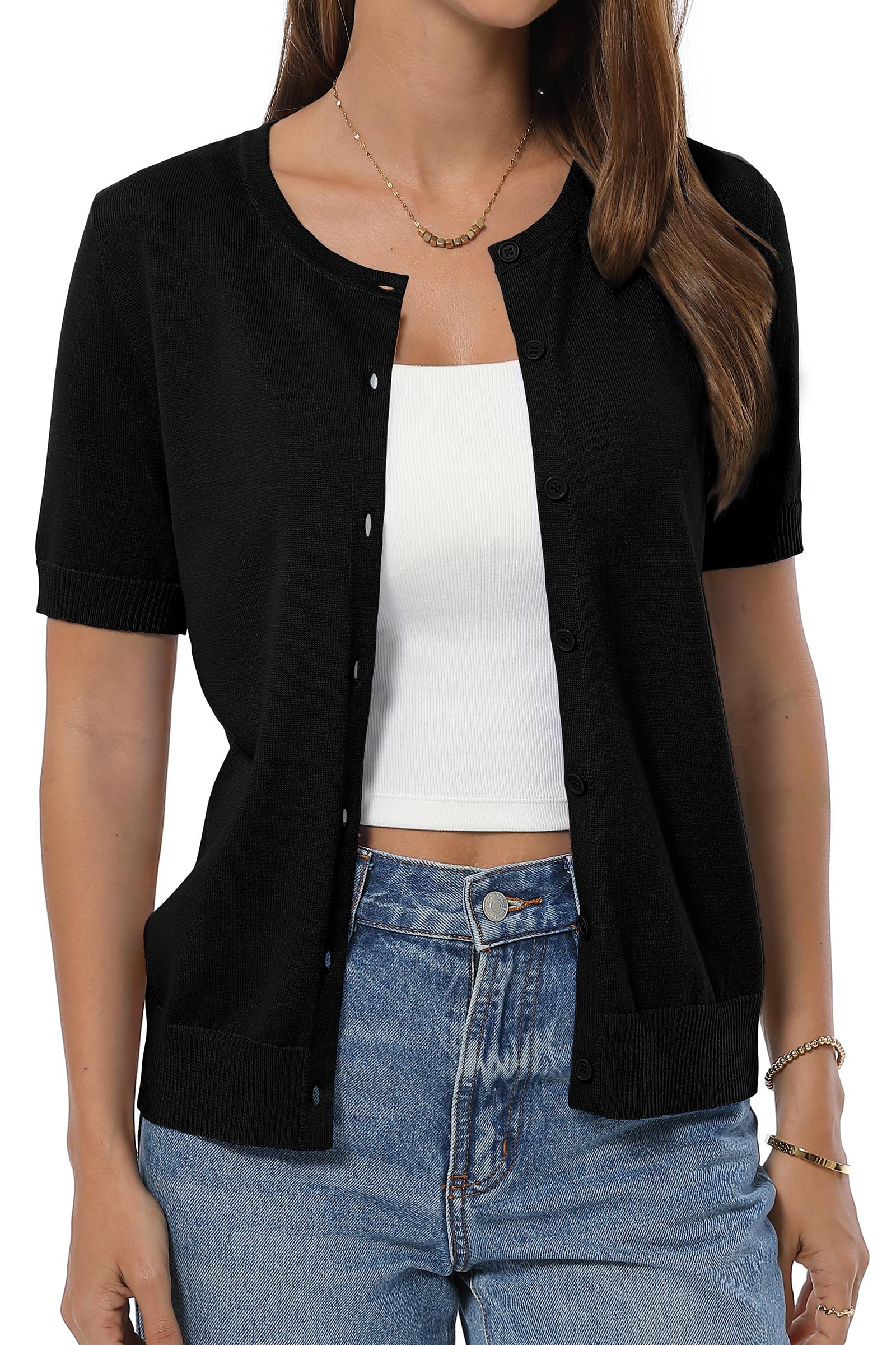 QUALFORT Womens Short Sleeve Cotton Cardigan