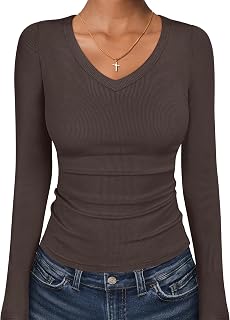 ANRABESS Long Sleeve Shirts for Women V Neck Ribbed Knit Fitted Fall Basic Tshirts Going Out Tops 2026 Casual Trendy Clothes