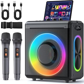 VERKB Karaoke Machine, 2 Wireless Rechargeable Microphones, 150W Speaker | Bluetooth 5.3, 20H playtime, LED lights, Portable, tablet holder and TWS for family karaoke, home parties and outdoor events