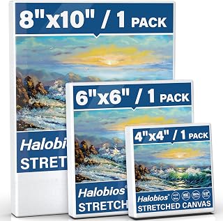 Halobios Stretched Canvases for Painting with 4x4 Inch, 6x6 Inch, 8x10 Inch, 3 Packs Pinting Blank Canvases for Acrylics,Oils & Other Painting Media, 5/8 Inch Profile 100% Cotton Artist Framed Canvas