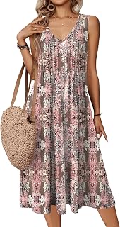 Zeagoo Casual Summer Dress Women 2025 Sleeveless Midi Swing Tank Sundress with Pockets V-neck A Line Pleated Tshirt Dress