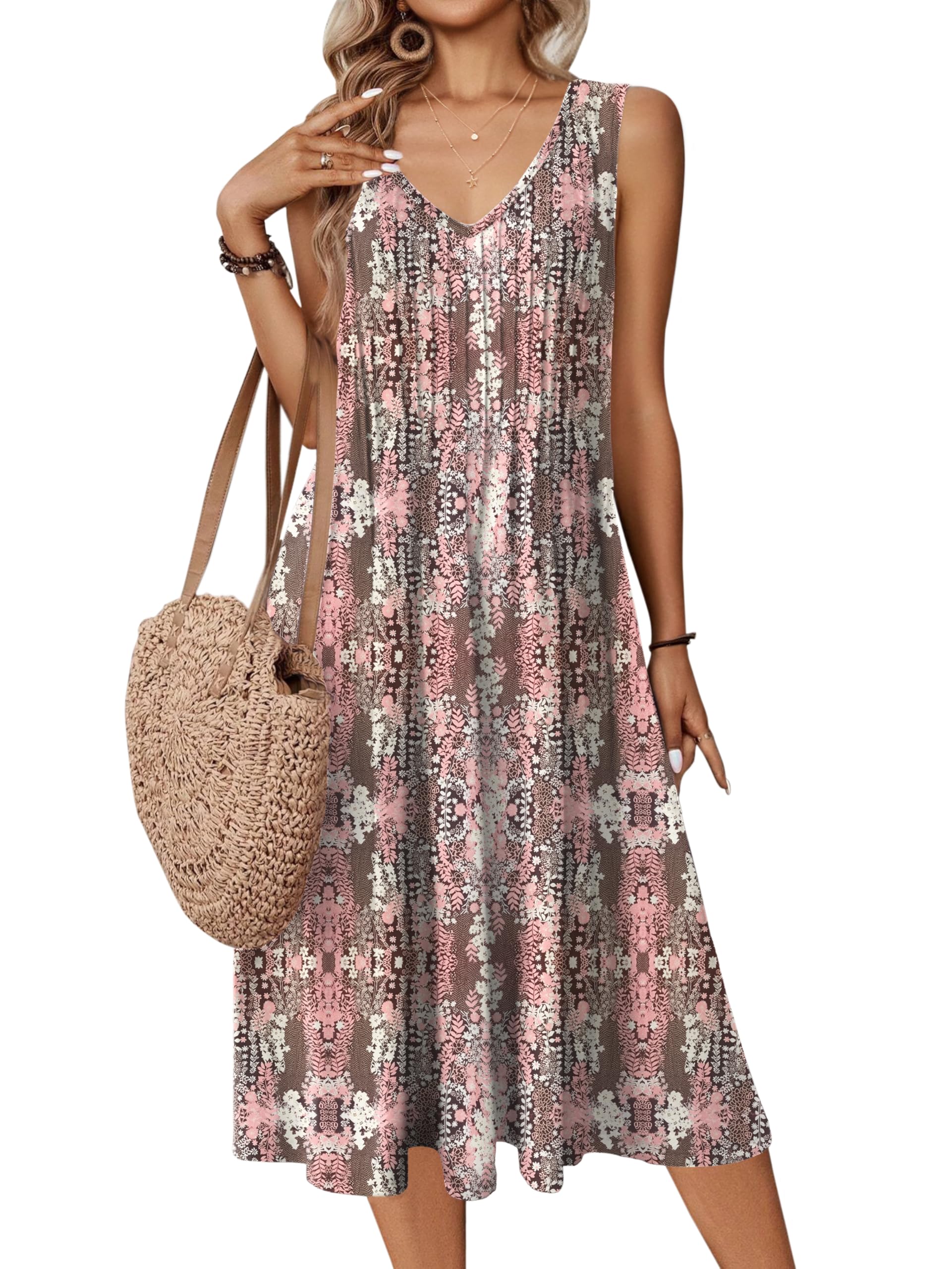 Zeagoo Casual Summer Dress Women 2025 Sleeveless Midi Swing Tank Sundress with P