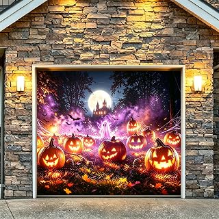 7x8 FT Halloween Garage Door Cover, Large Banner Backdrop with Full Moon, Haunted Castle, Glowing Pumpkins, Ghosts, Bats & Skulls Decorations for Outdoor Home Yard Party Photo Backgrounds
