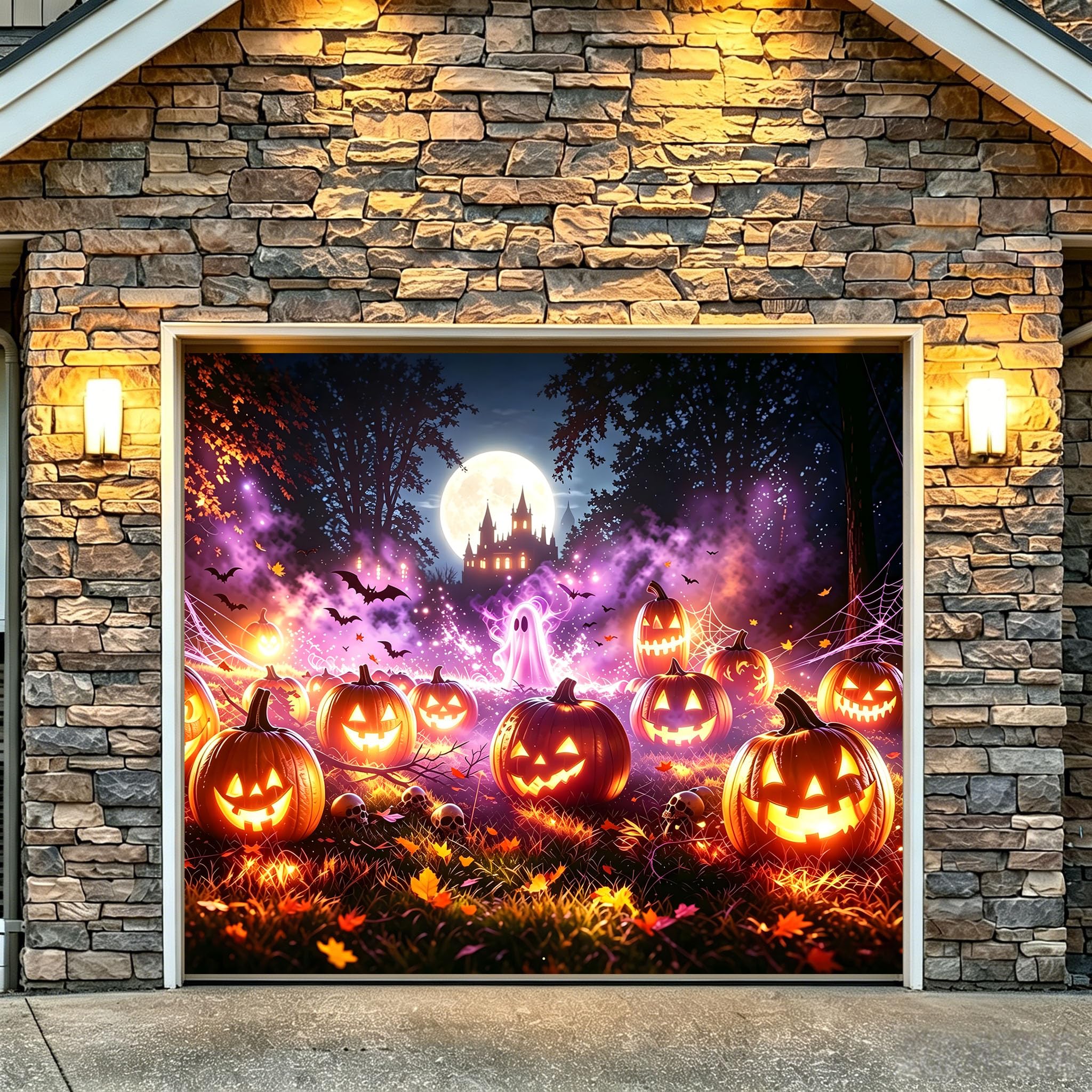 7x8 FT Halloween Garage Door Cover, Large Banner Backdrop with Full Moon, Haunte