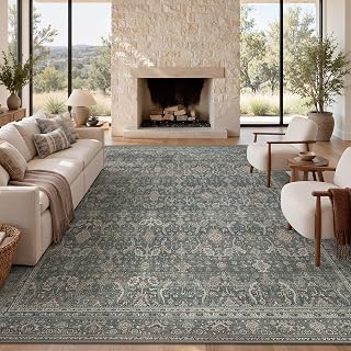 8X10 Washable Area Rug for Living Room, Vintage Boho Non-Slip, Deep Blue
