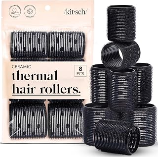Kitsch Ceramic Hair Rollers for Women - Black, 8 Count (Pack of 1) | Self-Grip Hair Curlers for Heatless Overnight Curls, Frizz-Free Hair Roller, Volumizing Large Rollers for All Hair Types