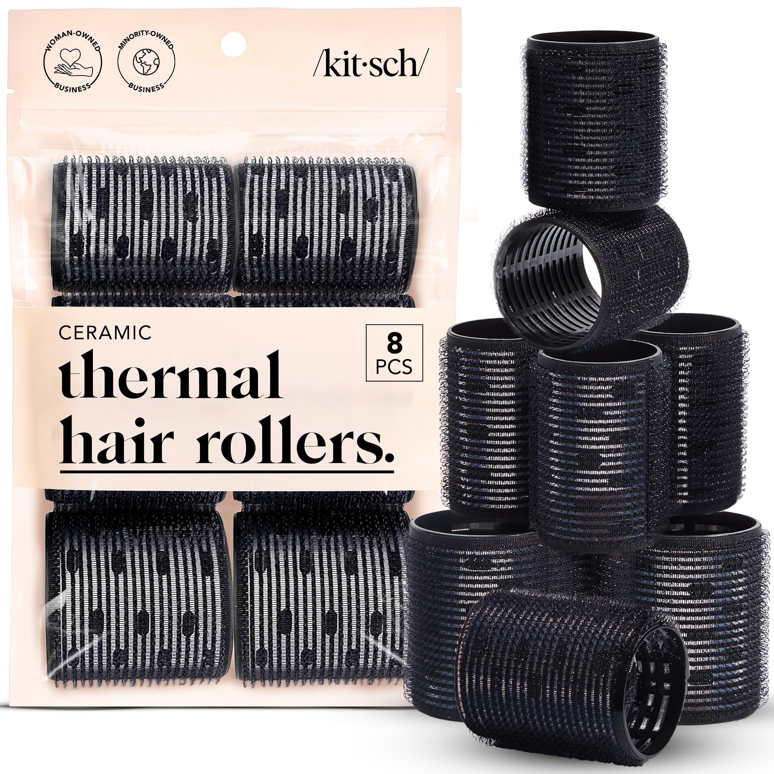 Kitsch Ceramic Hair Rollers for Women - Black, 8 Count (Pack of 1) | Self-Grip H