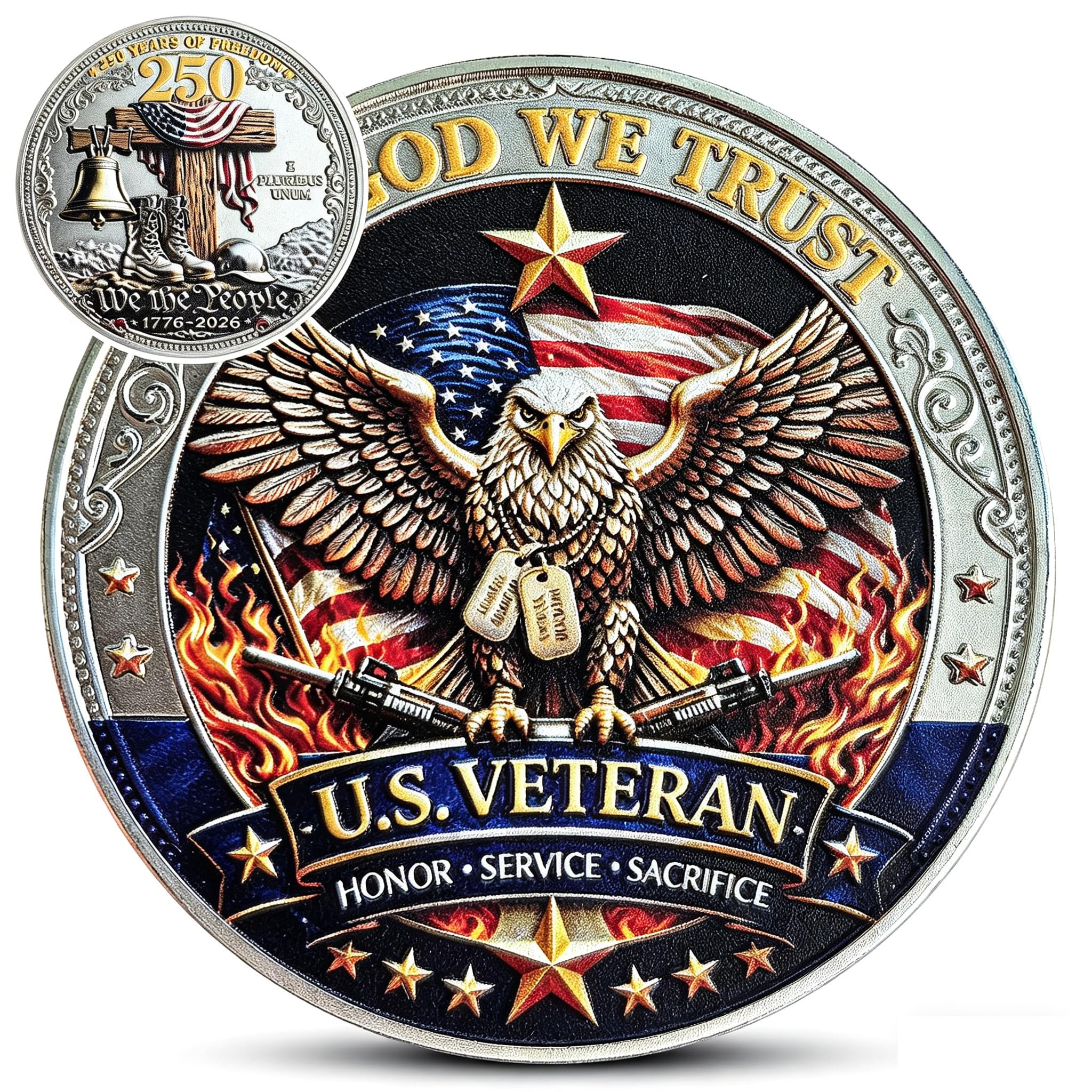 US Veteran Challenge Coin – Honor, Service, Sacrifice Design with Freedom Bell &
