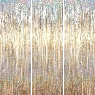 Voircoloria Champagne Foil Fringe Backdrop Curtains, 3.3x6.6ft, 3pcs | Tinsel Streamers, Birthday Party Decorations, Baby Shower, Gender Reveal, Graduation