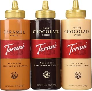 Torani Sauce 3 Pack Chocolate, Caramel, White Chocolate 16.5 Oz with NEW Packaging by Torani