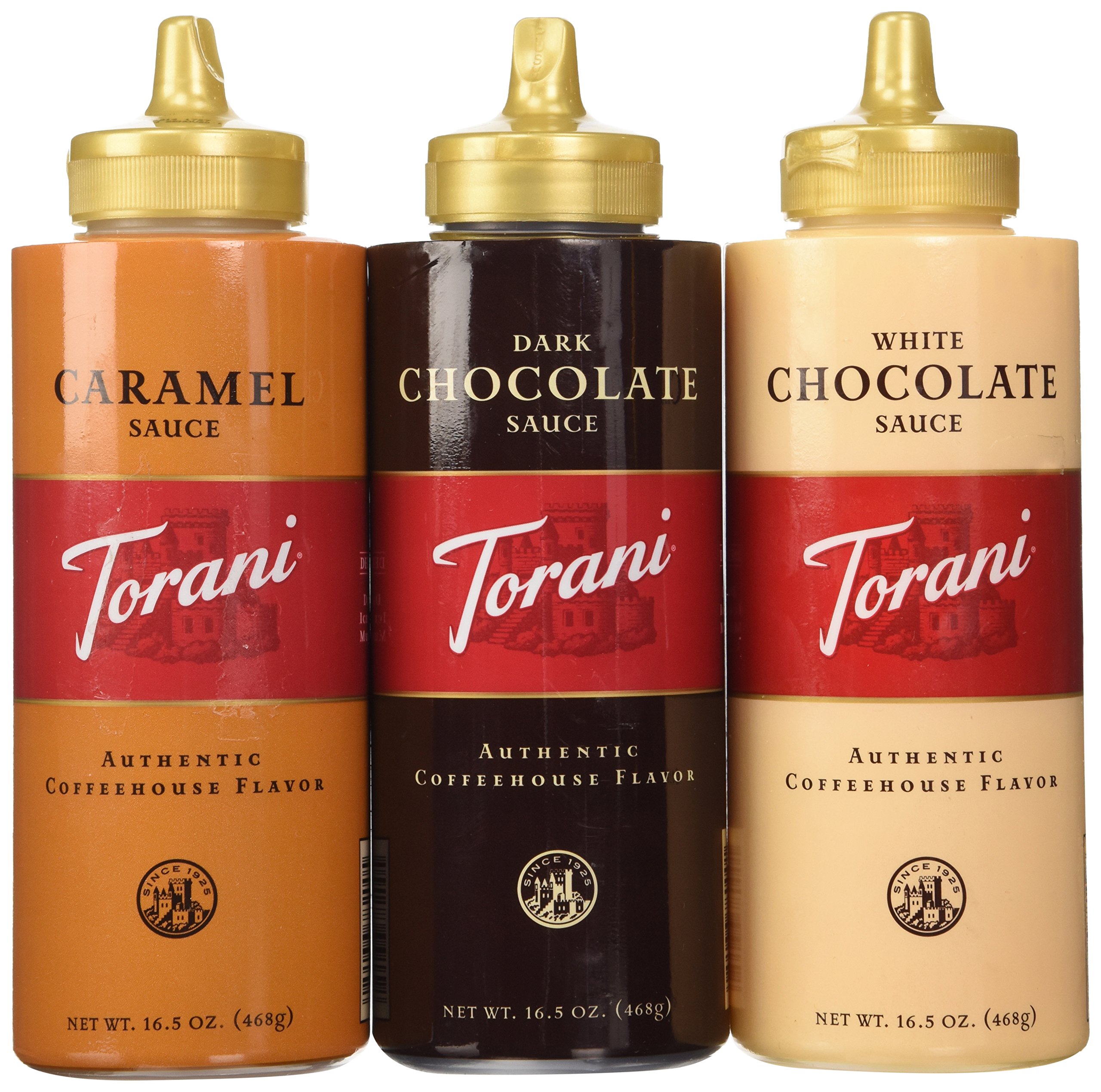 Torani Sauce 3 Pack Chocolate, Caramel, White Chocolate 16.5 Oz with NEW Packagi