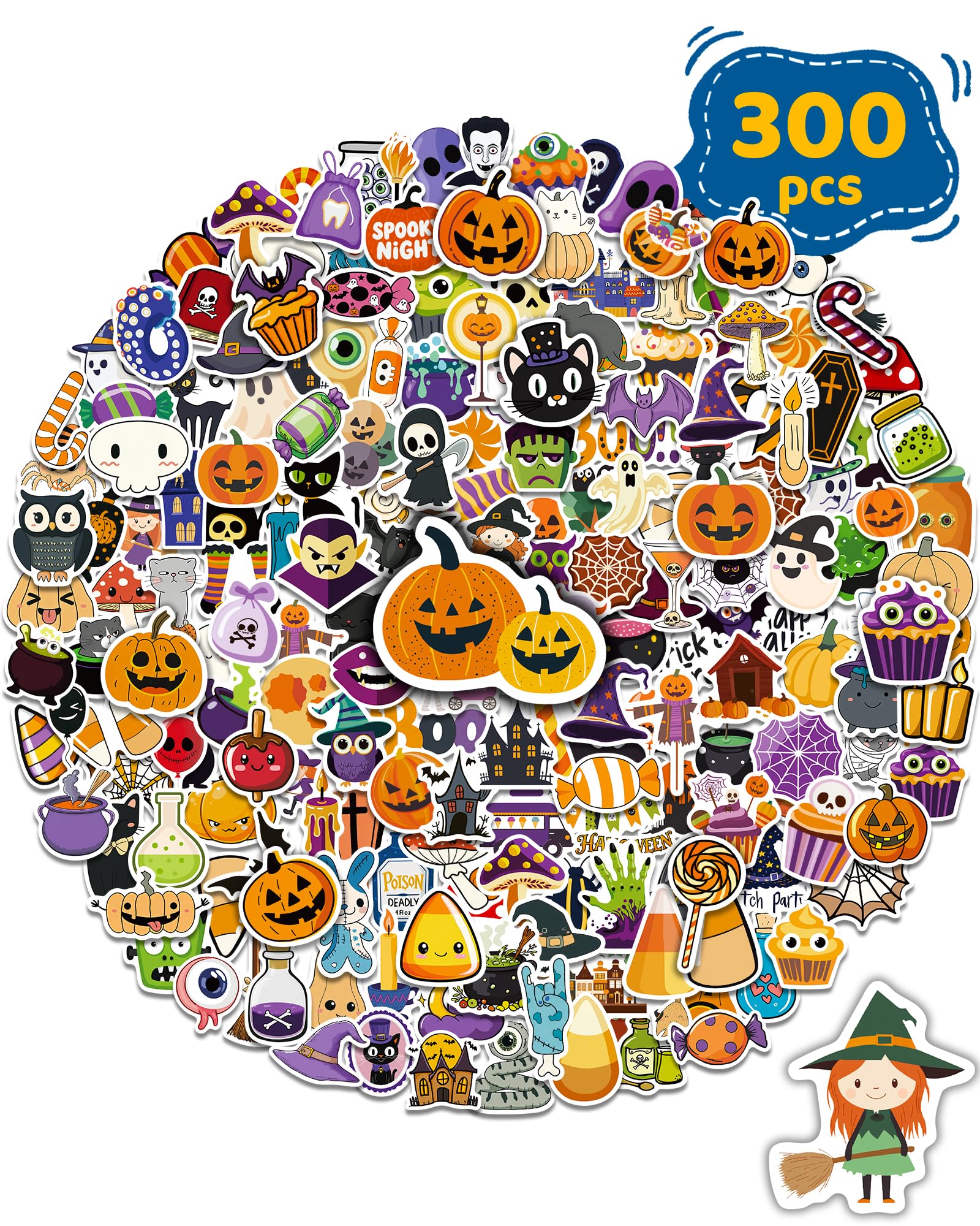 300 PCS Halloween Pumpkin Stickers,Waterproof Vinyl Water Bottle Stickers | Hall