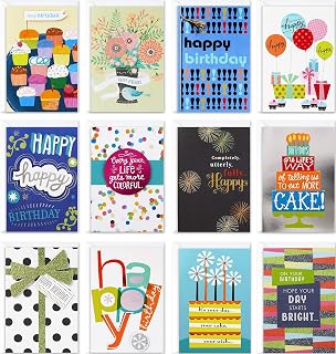 Hallmark Birthday Cards with Envelopes, Assorted 12-Pack (Happy!) | Hand-embellished details with glitter and ribbon. White envelopes included. Premium paper stock., 4.7 x 6.8 in