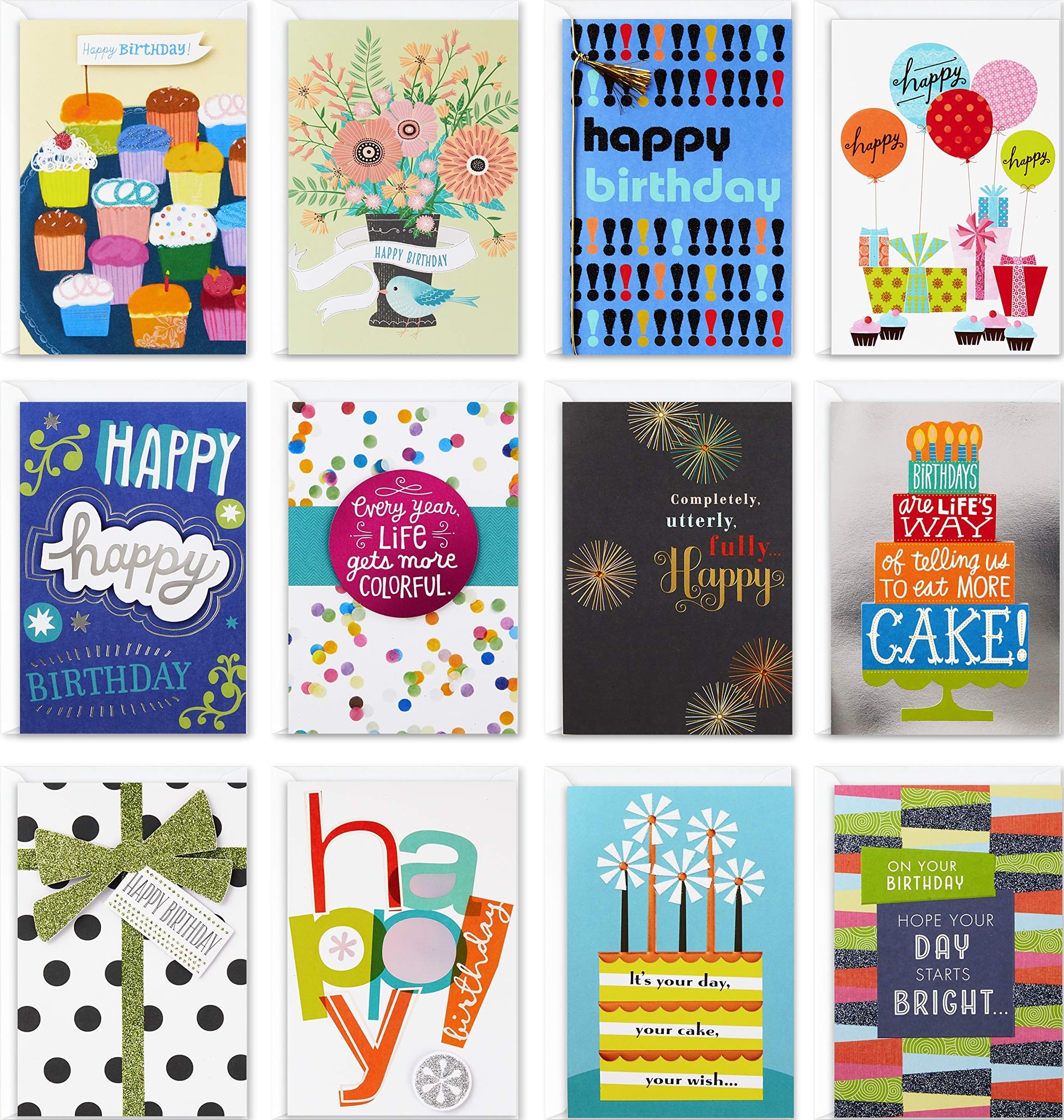 Hallmark Birthday Cards with Envelopes, Assorted 12-Pack (Happy!) | Hand-embelli