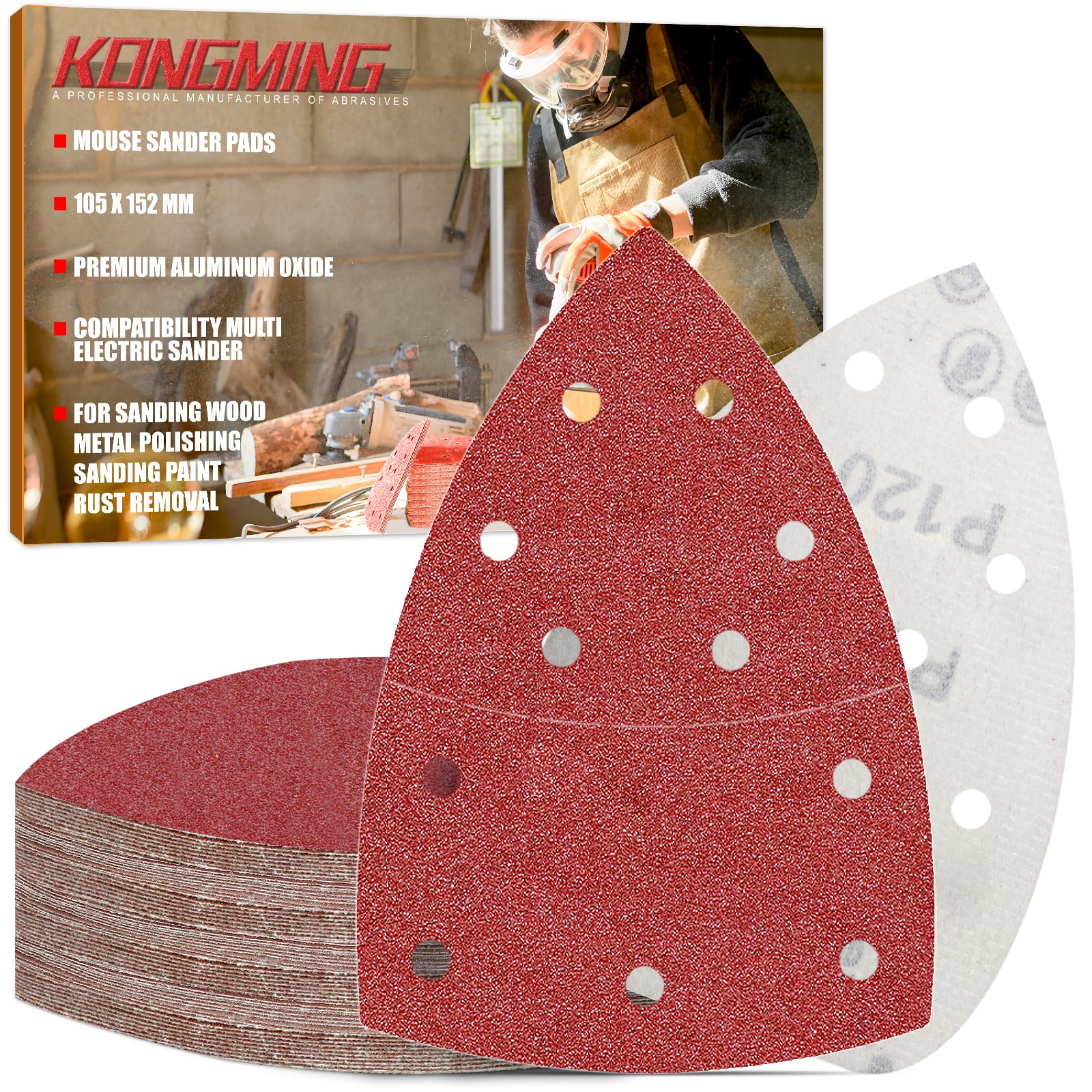 KONGMING 50 Pcs Mouse Sander Pads 120 Grit 11 Hole 152 x 105mm