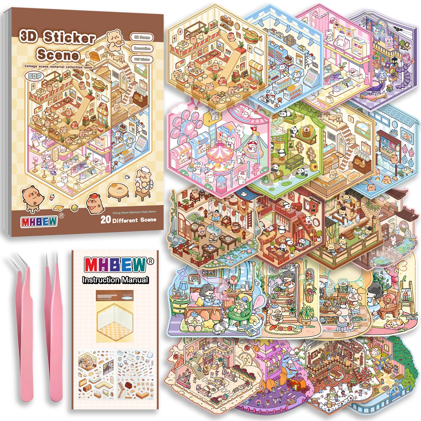 20 Sets DIY 3D Sticker Scene Book for Kids Adults Cozy Room Sticker Therapy | Cu
