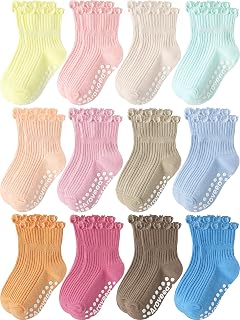 Baby Toddler Girls Socks Grip Ruffle Non Slip Kids Cotton 12 Pack Socks | Premium Soft Cotton,Full Anti-Slip Grips,6 Month-7T Grippy Crew Socks for Girls,Daily School All Season Wear,Cute Ruffle Edge