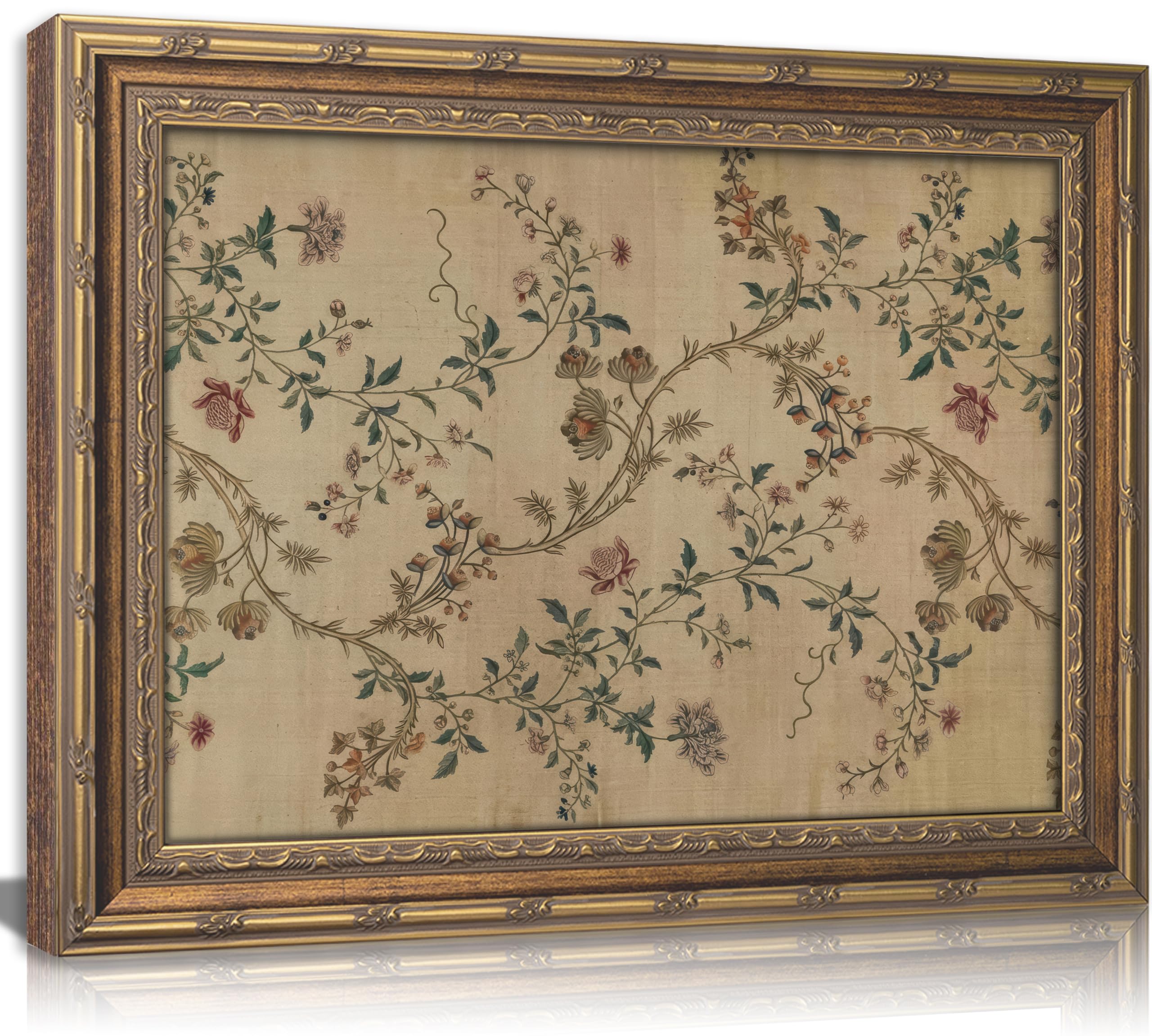 Vintage gold framed Floral Vine wall art Retro Beige Botanical Painting Canvas P