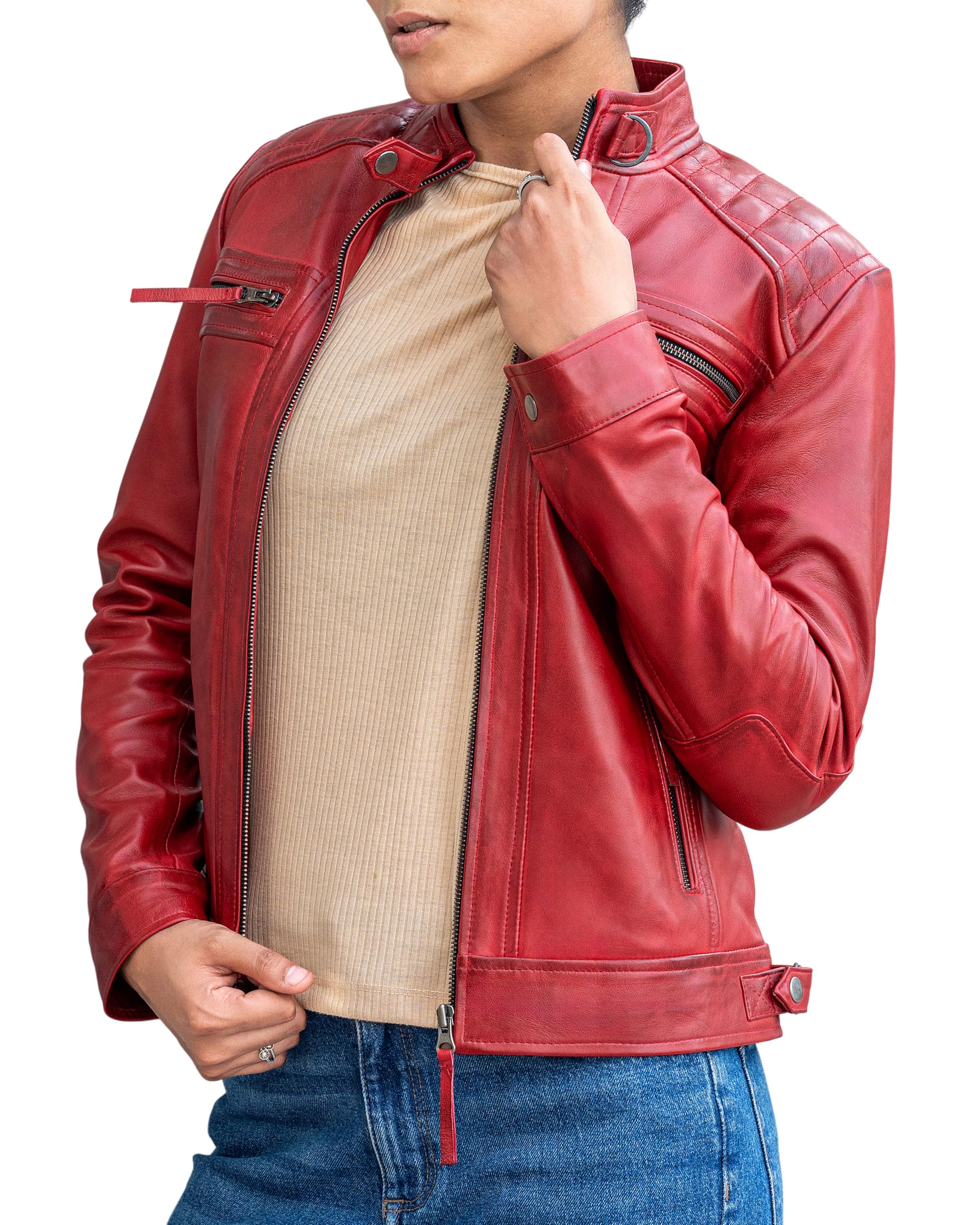Café Racer Leather Jacket Women Zipper Motorcycle Biker Style Casual Fashion Gen