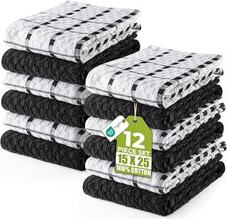 Kitchen Towels 12 Pack 15x25 Inch 100% Cotton Popcorn Terry, Black | Super Soft, Absorbent, Tea and Bar Towel Set, Linen Dish Towels, Multipurpose Kitchen Use