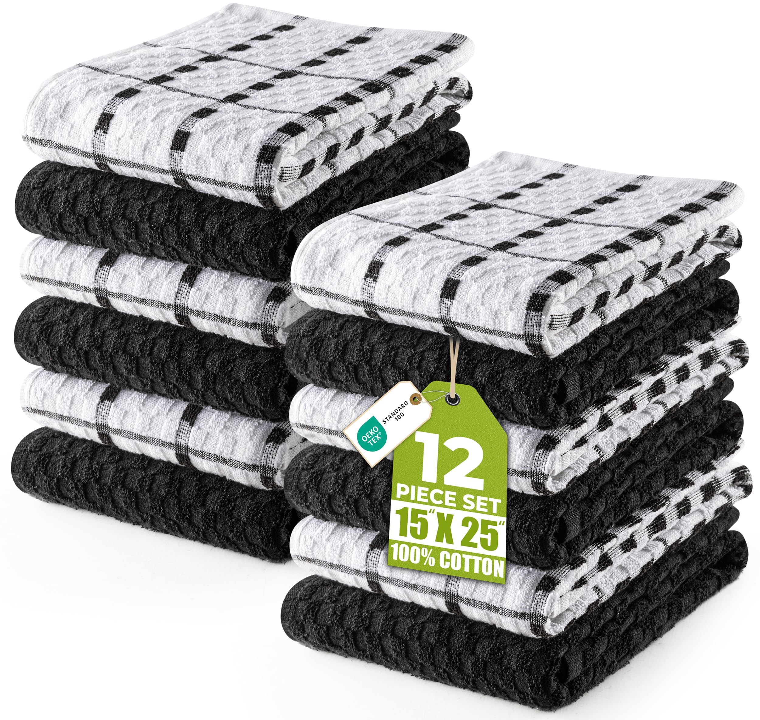 Kitchen Towels 12 Pack 15x25 Inch 100% Cotton Popcorn Terry, Black | Super Soft,