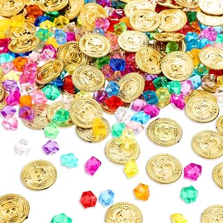 Skylety Pirate Party Favors 200 Pcs Fake Pirate Treasure and Gold Coin | Pirate Party Decoration, Chocolate Gold Coins, Toy Gem Jewelry Treasure, Halloween Adventure Themed Event Party Supplies