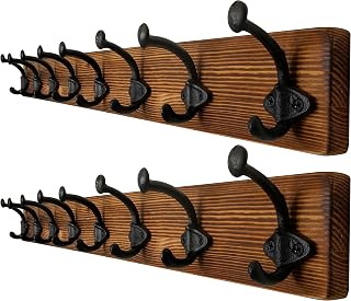 WEBI Wall Coat Rack, 8 Hooks in Cast Iron, Wall Hook, Solid Wood Coat Rack for Bathroom, Brown, Pack of 2