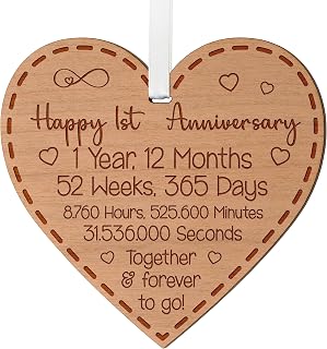 1st Anniversary Heart Keepsake for Husband or Wife 1 Year Together Gift | FSC and PEFC-certified 4mm wood, 10x10cm, satin ribbon, recyclable kraft box, wall decor, wine bottle tag or card insert
