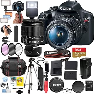 Canon EOS Rebel T7 DSLR Camera with 18-55mm Lens, 24.1MP APS-C, Bundle with 64GB SD Card, Slave Flash, LED Light, Tripod & Accessories (Renewed)