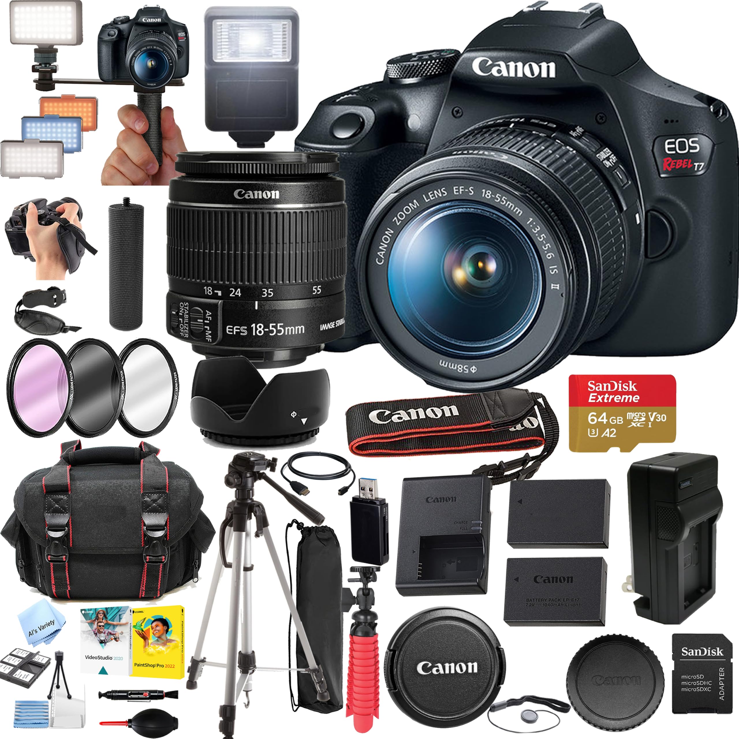 Canon EOS Rebel T7 DSLR Camera with 18-55mm Lens, 24.1MP APS-C, Bundle with 64GB