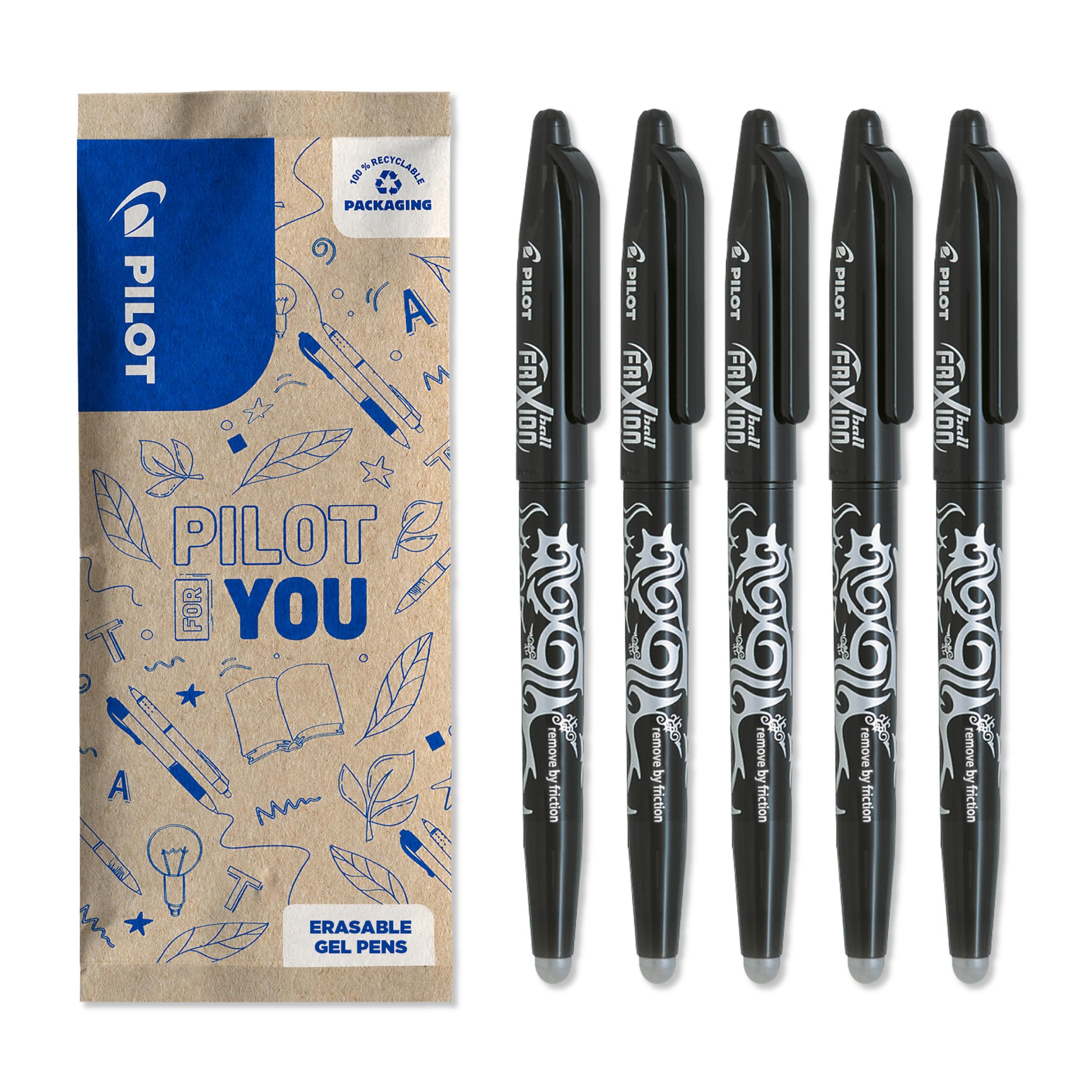 PILOT - FriXion Ball Erasable Rollerball Pen 0.7mm - Black Ink - Pack of 5 | WRI