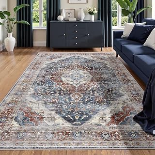 6x9 Area Rugs for Living Room Rugs-Deerly Vintage Floral Medallion Boho Oriental Non-Slip Low Pile Machine Washable Area Rug for Bedroom Dining Room Office Room(Border Brown Navy Blue)