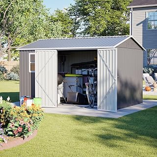 Ball & Cast 8 x 10 ft Outdoor Storage Shed Galvanized Metal Bike Shed, Tiny House Garden Tool Storage with Air Vent and Slide Door for Backyard Patio Lawn, Gray