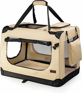 lionto Foldable Dog Crate for Travel and Car, 50 x 34 x 36 cm, Beige