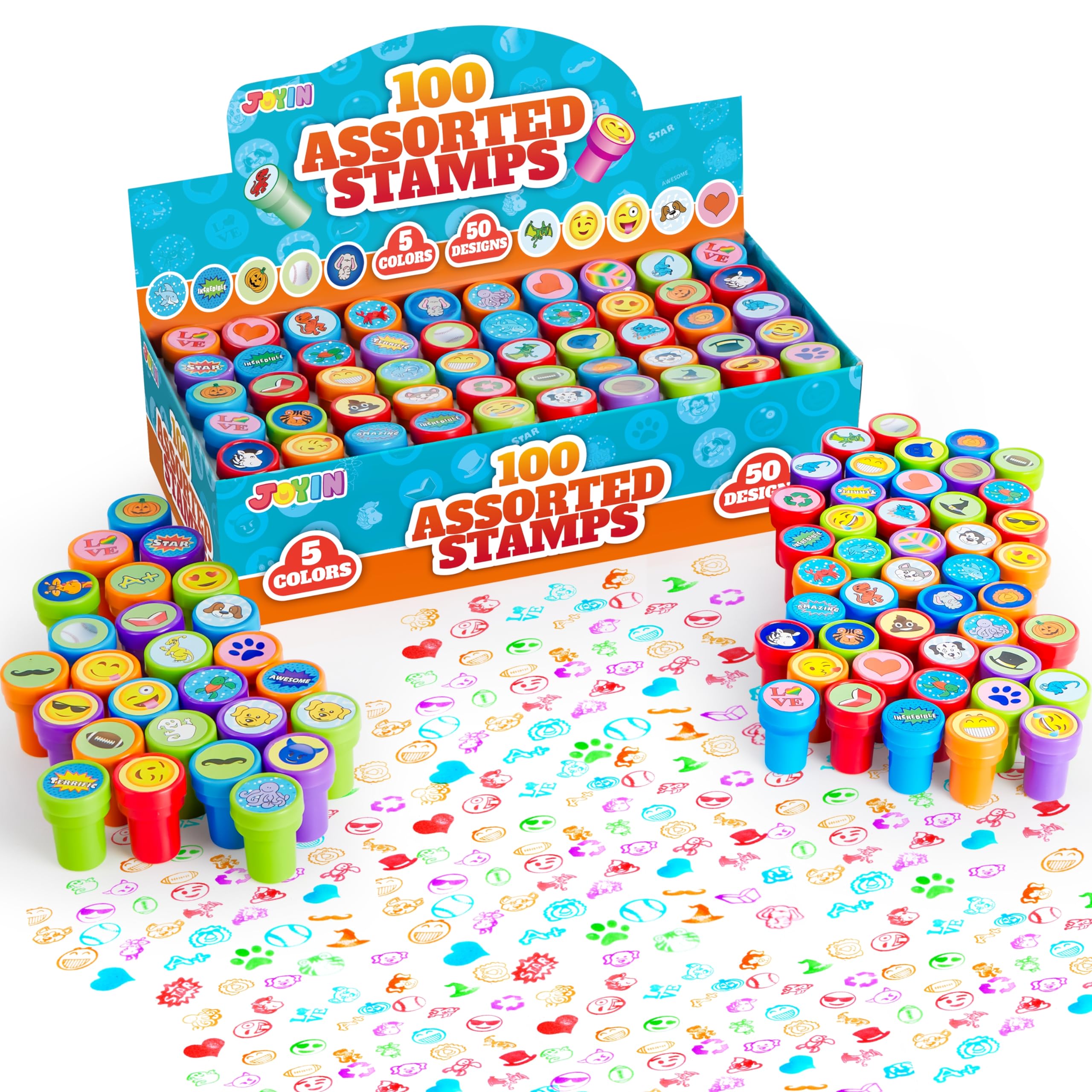 JOYIN 100PCS Assorted Stamps for Kids Self-Ink for Party Favor, Teacher Stamps, 