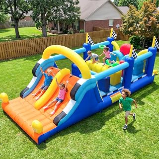 Hapfan Inflatable Bounce House Obstacle Course with Wide Slide,750W Blower | 19.7ft x 8.3ft,Bearing 500lbs,Double Slides+ Tunnels+ Climbing Wall + Basketball,for Big Kids Aged 3-12,ASTM | CPSC Compliant
