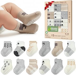 GOTS Organic Cotton Blend 12 Pairs Warm Baby Socks Boys 0-6 M Non Slip Gift
